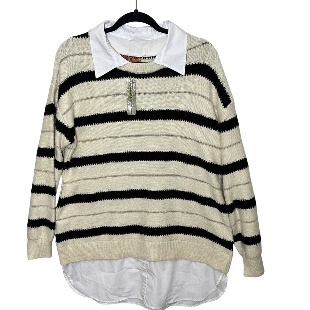Belldini Striped Collared Mock-Layered Sweater Cushy Metallic Gold sparkle NWT